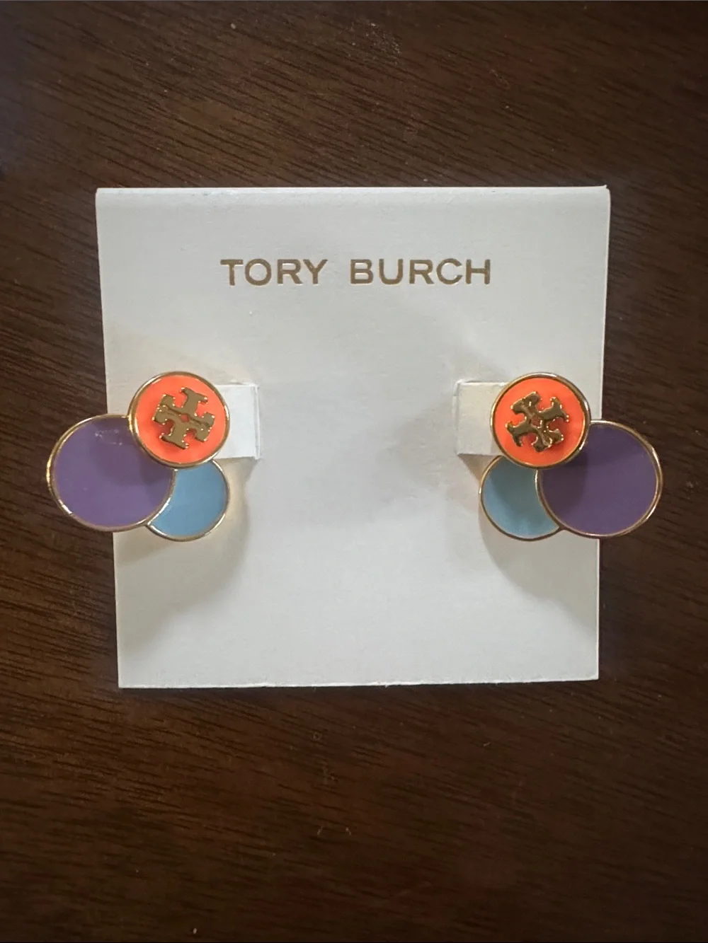 Tory Burch tri-color Enamel Circle Logo Studs in Purple, Orange & Blue NEW $129